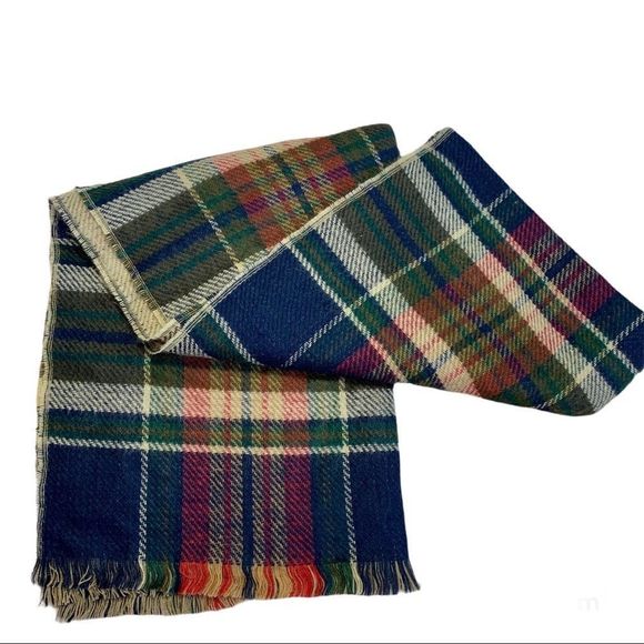 Navy blue forest green red beige plaid check soft warm fall winter blanket scarf - Picture 2 of 7
